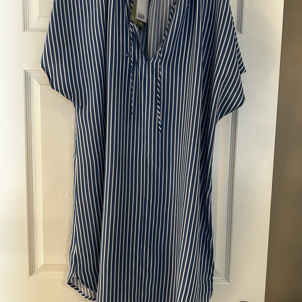 H&M Navy Blue and White Striped Midi Dress